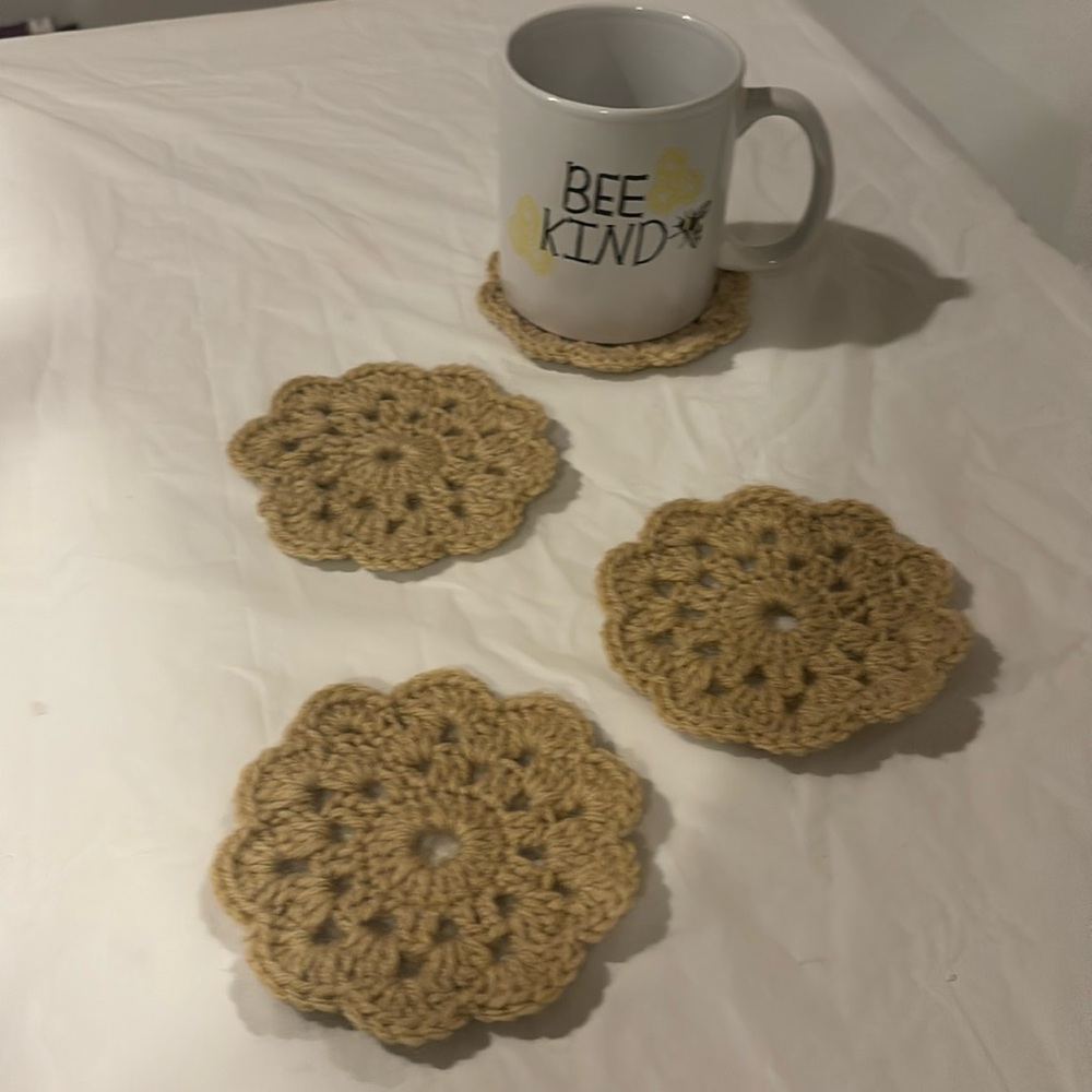 Homemade Beige Crochet Coasters Set of 4 Made with Acrylic Yarn